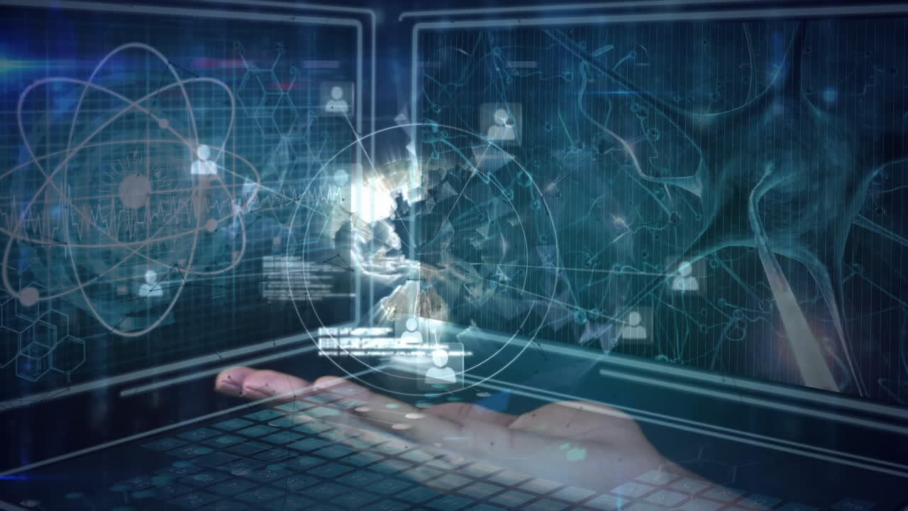 animación de la mano con el globo sobre pantallas con datos científicos