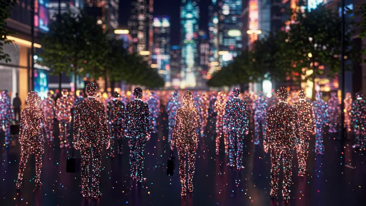 In a lively city at night, people stroll amidst a dazzling array of colorful lights, enhanced by captivating digital effects