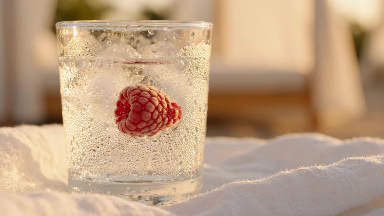 A refreshing glass of sparkling water with a raspberry inside, capturing the essence of summer relaxation and indulgence in a tranquil outdoor setting.