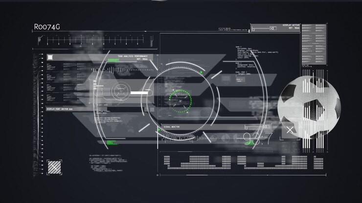 Animasi pemrosesan data digital di layar di atas bola-bola sepak