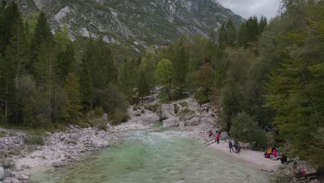 The-famous-soca-river-with-clear-green-water-at-Slovenia,-aerial