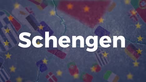 Schengen-text-over-yellow-stars-on-moving-in-circles-against-flags-of-european-countries