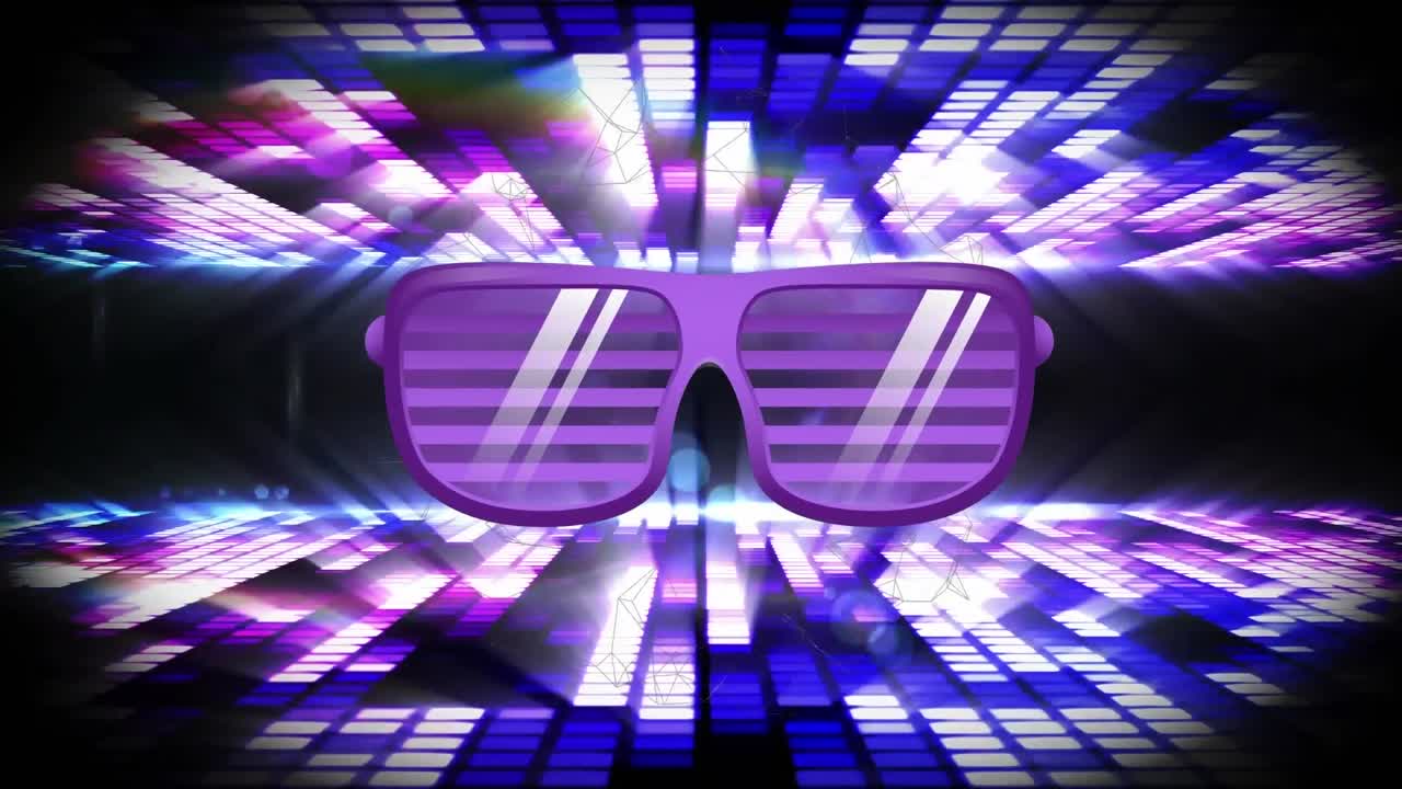 Animazione di occhiali viola e sfondo al neon tremolante