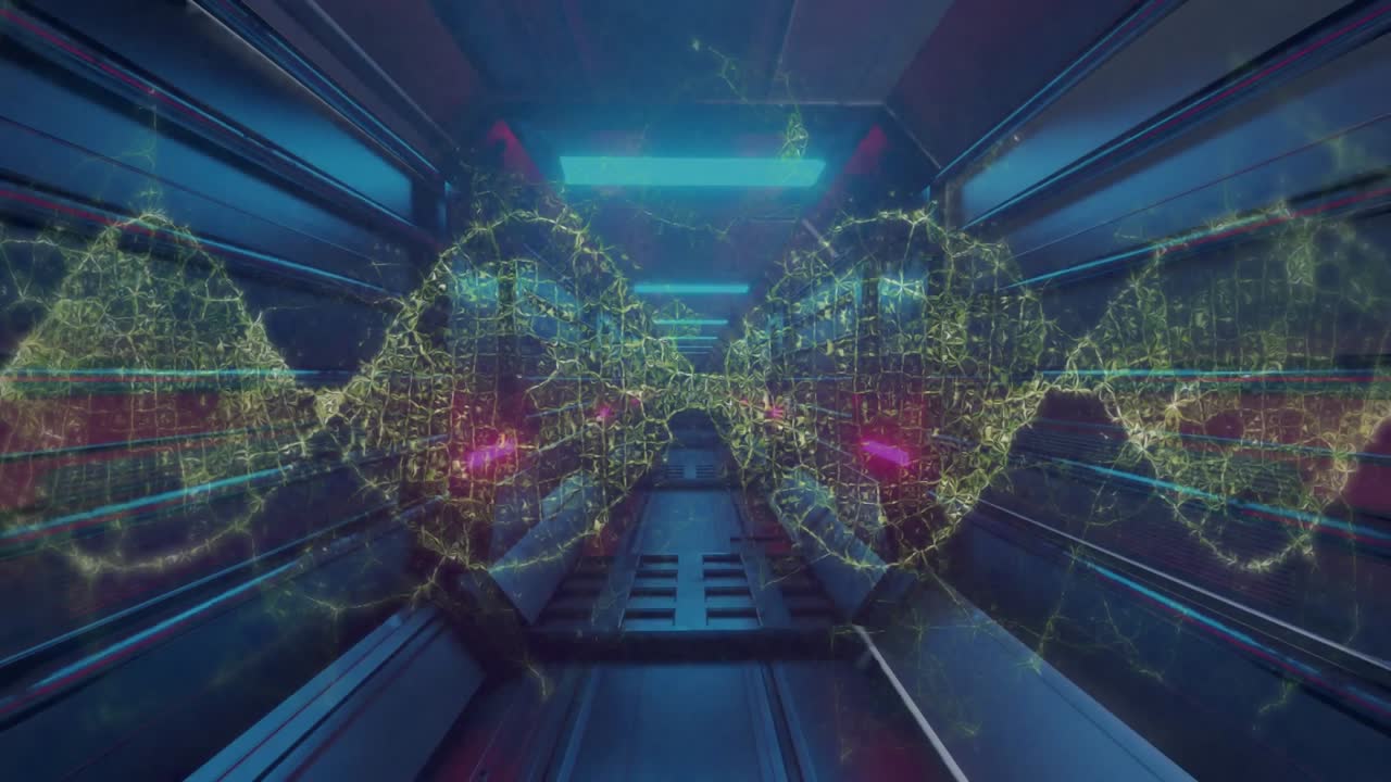 Digital nodes materializing in neonlit corridor forming waveform moving showing energy flow