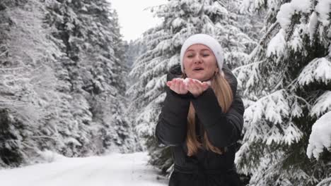 beauty winter asian girl blowing snow in frosty winter park outdoors flying snowflakes beauty winter asian girl blowing snow in frosty winter park outdoors flying snowflakes young woman having fun in cold weather outdoors happy cheerful attractive beautiful female smiling enjoys