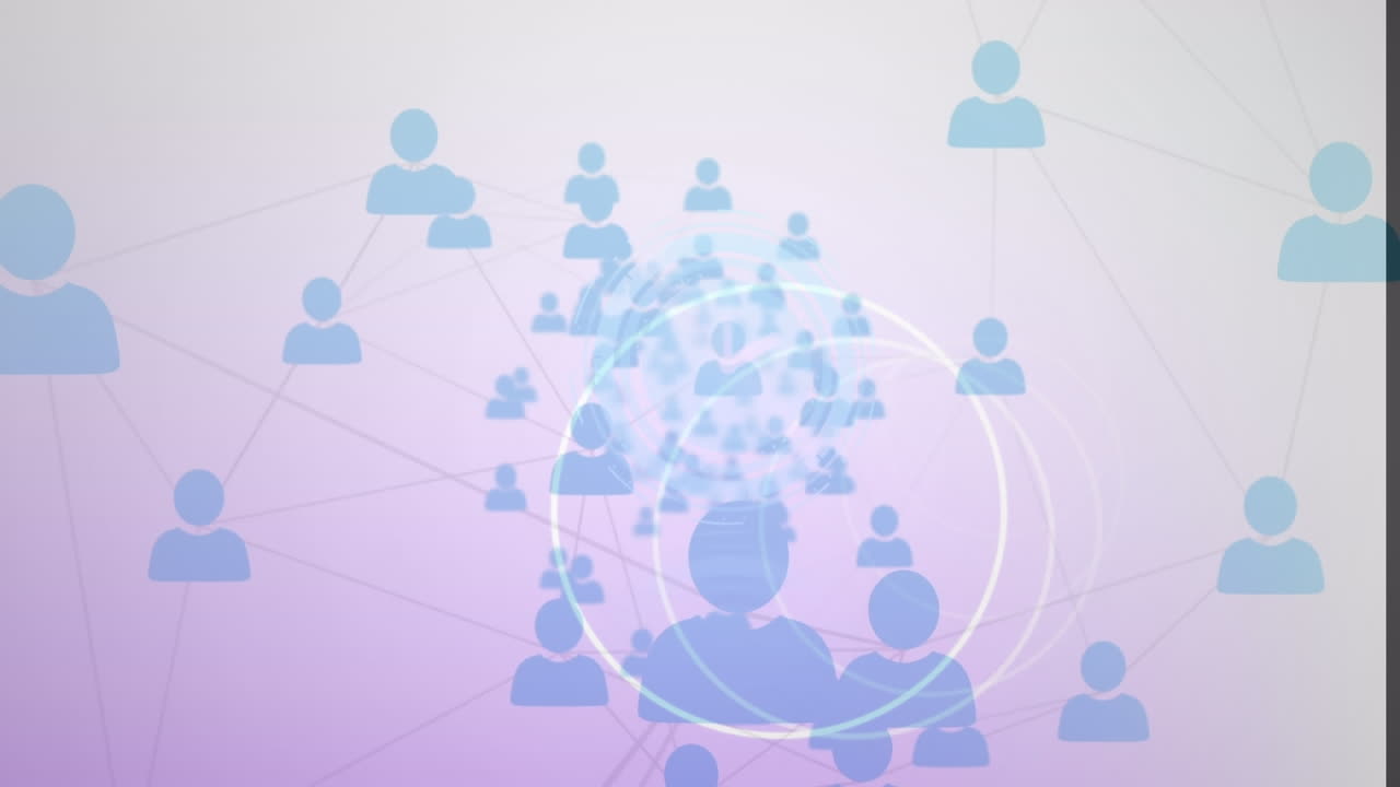 ⁇ 색 배경에 프로필 아이콘의 네트워크를 이동하는 추상적인 원형 모양의 애니메이션