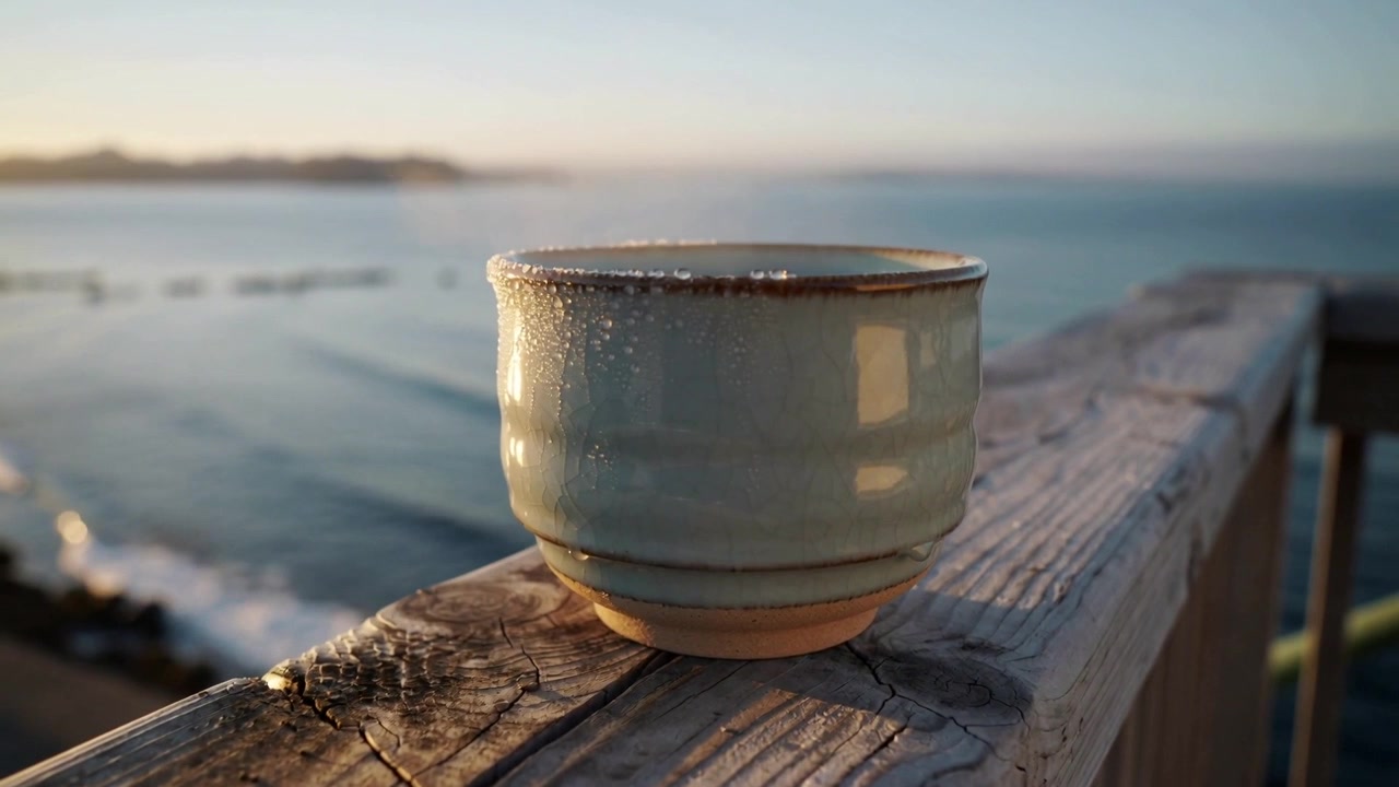 Telecamera che zooma in risposta all'alba, rivelando una tazza di ceramica smaltata su una ringhiera costiera con la rugiada.