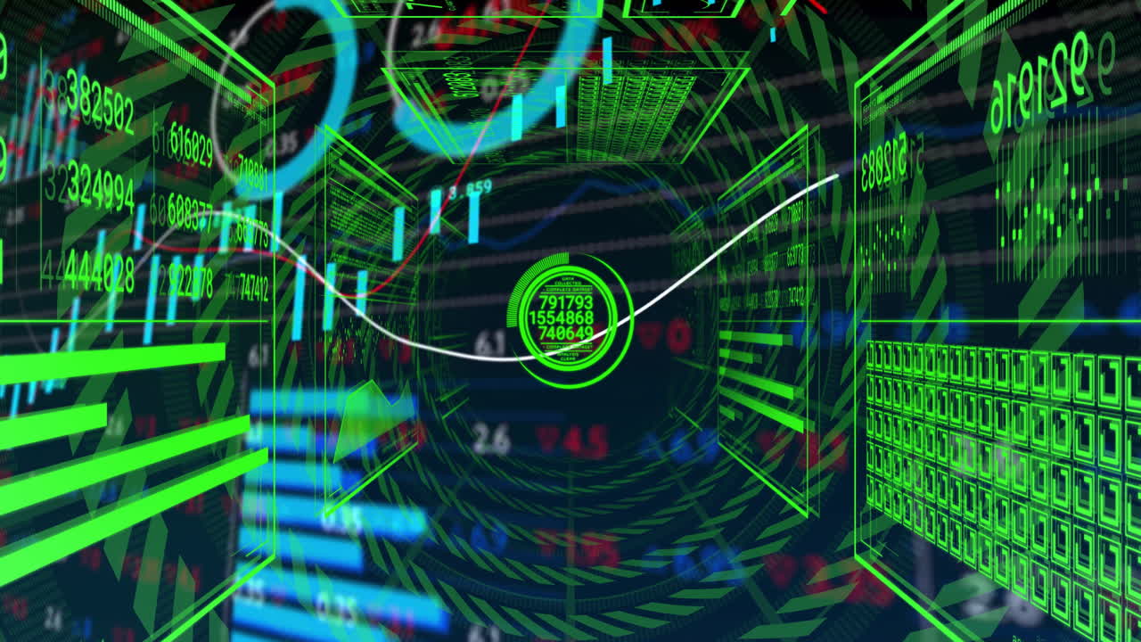 Central data interface streaming holographic financial charts and data panels in tunnel view