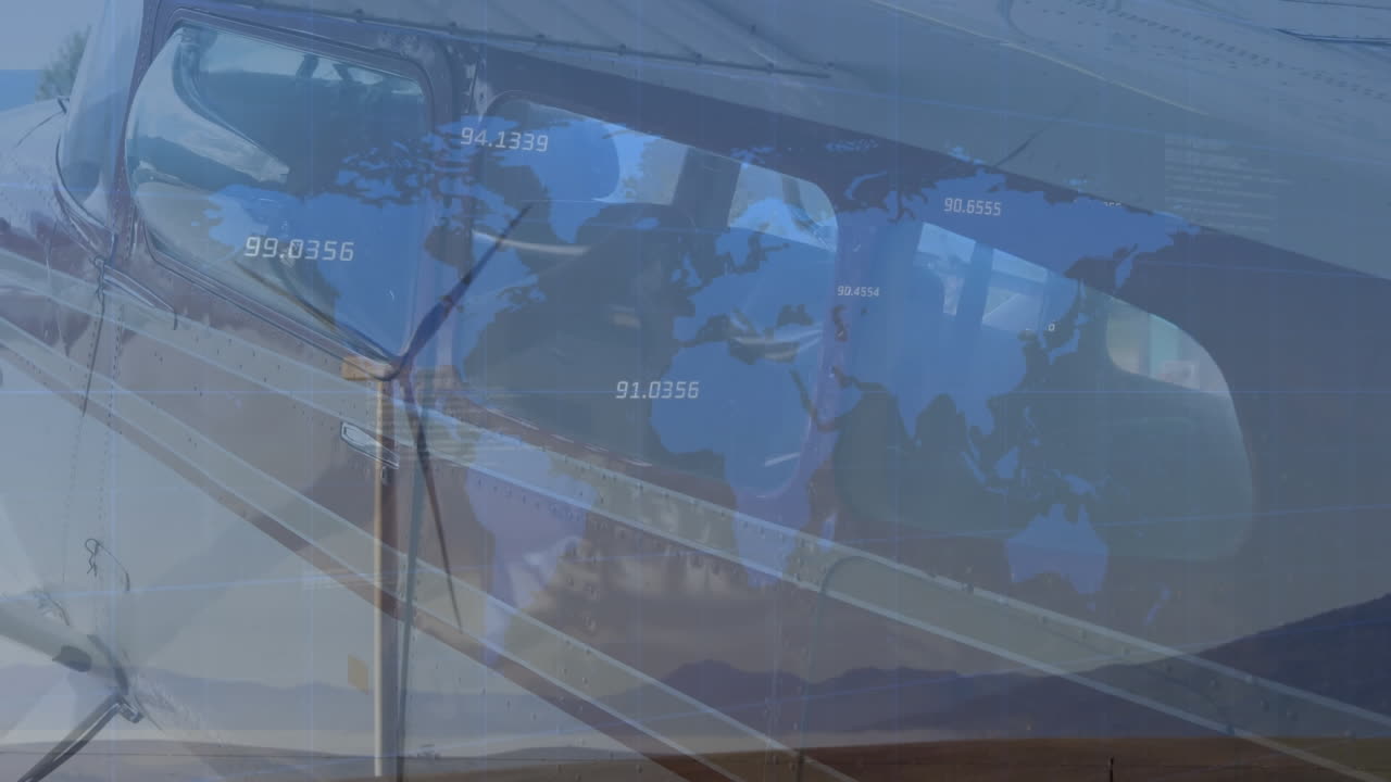 세계 지도의 애니메이션과 풍력 터빈과 비행기에 대한 데이터 처리