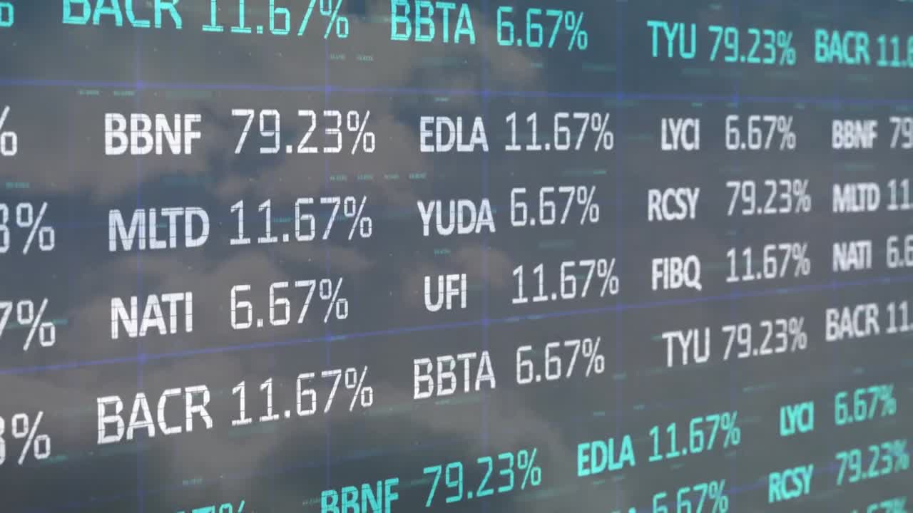 Animation of financial data processing over clouds and sky
