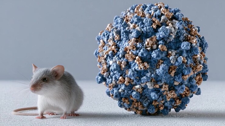 A Close-Up View of a Mouse and a Colorful Virus Model: Exploring Interactions between Small Mammals and Microbial Threats in Research Settings