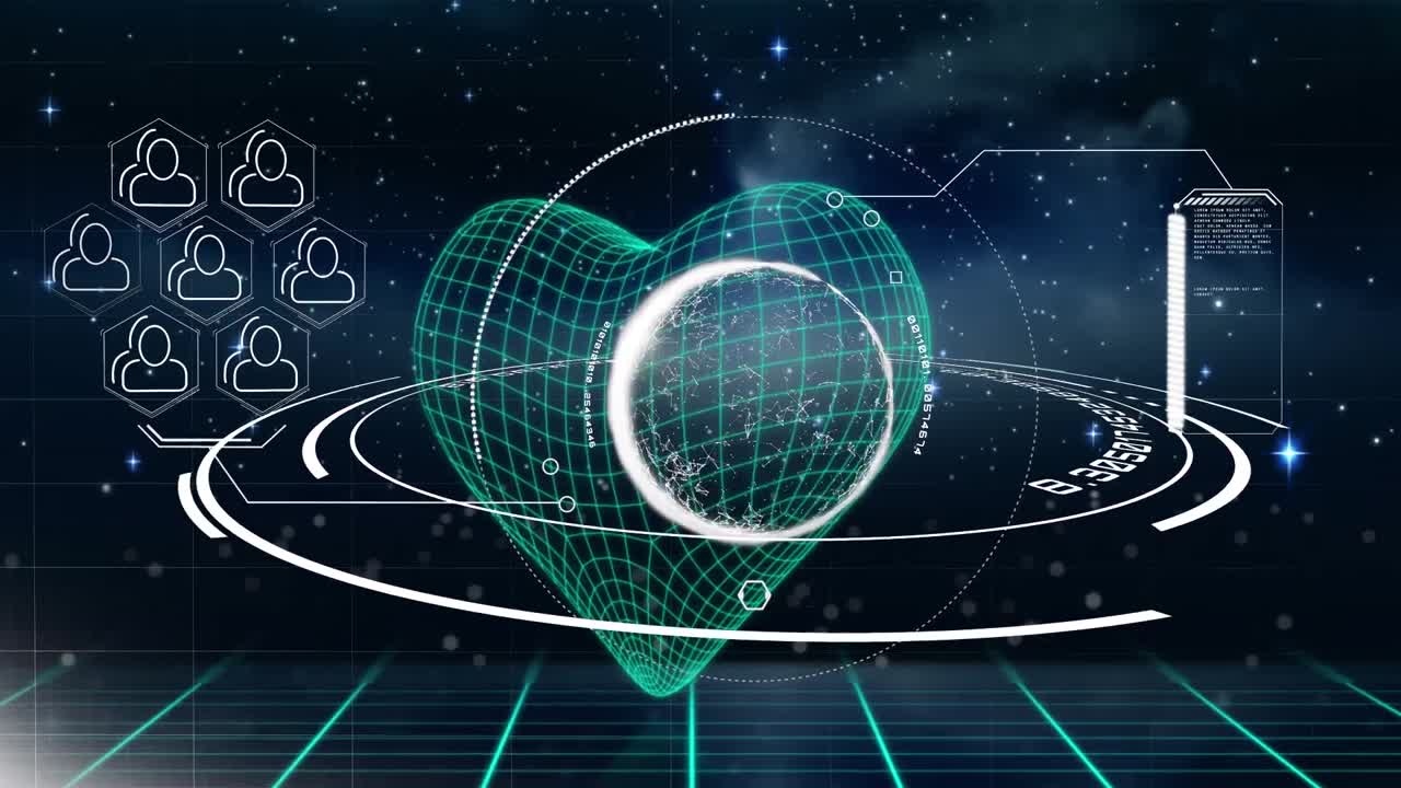 검은 바탕에 심장을 가진 데이터 처리 및 모양의 애니메이션