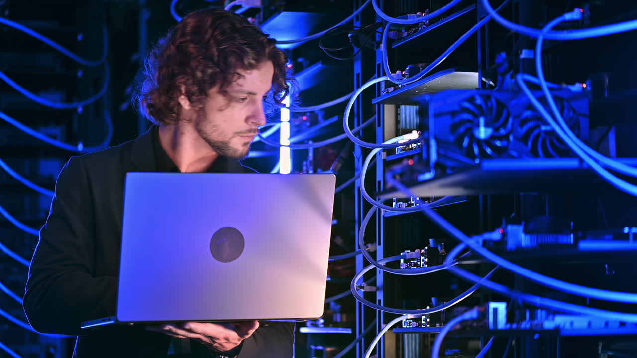 Man analysing data in a server room