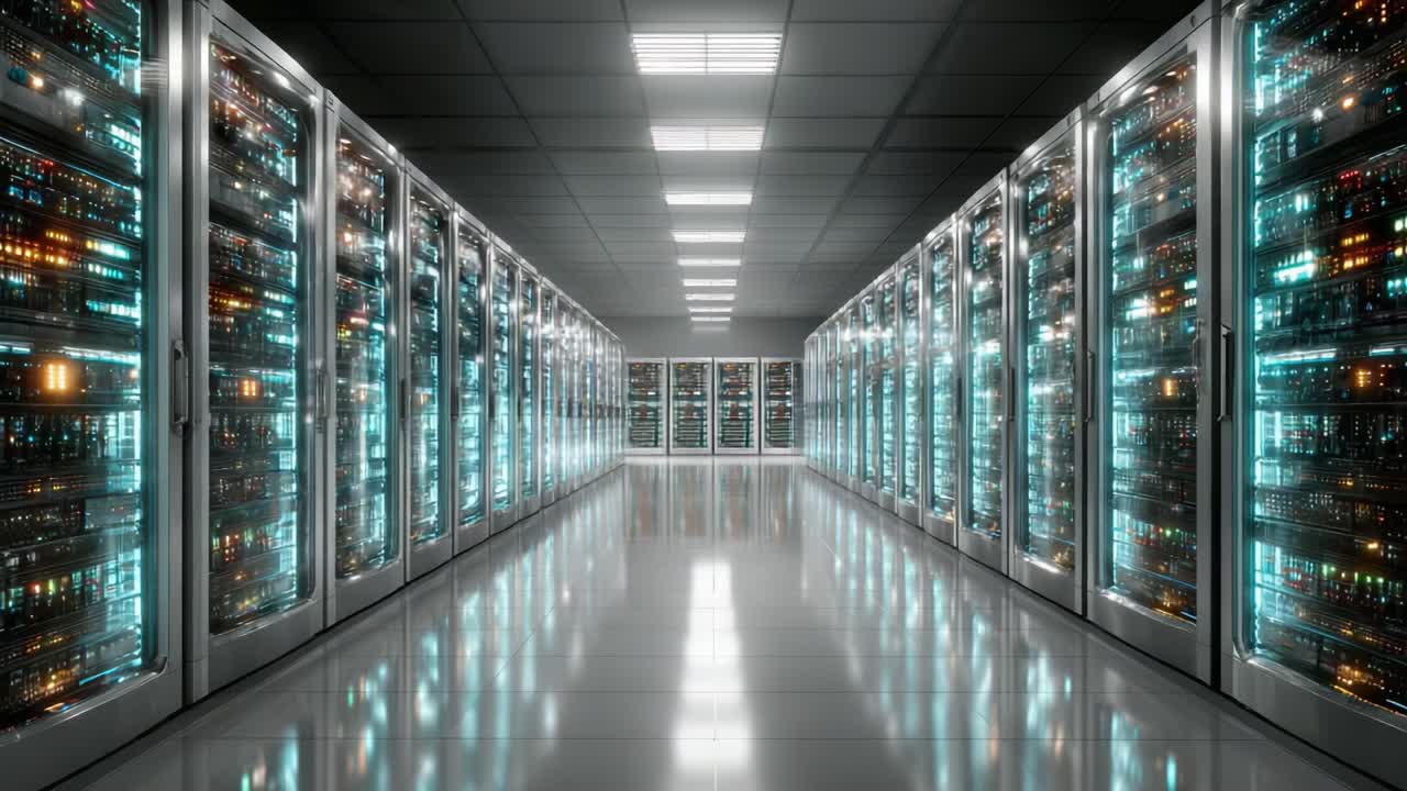 Et futuristisk datacenter-miljø, der viser avancerede serverrackskabe med levende LED-indikatorer og slanke metalliske overflader i en veloplyst korridor.
