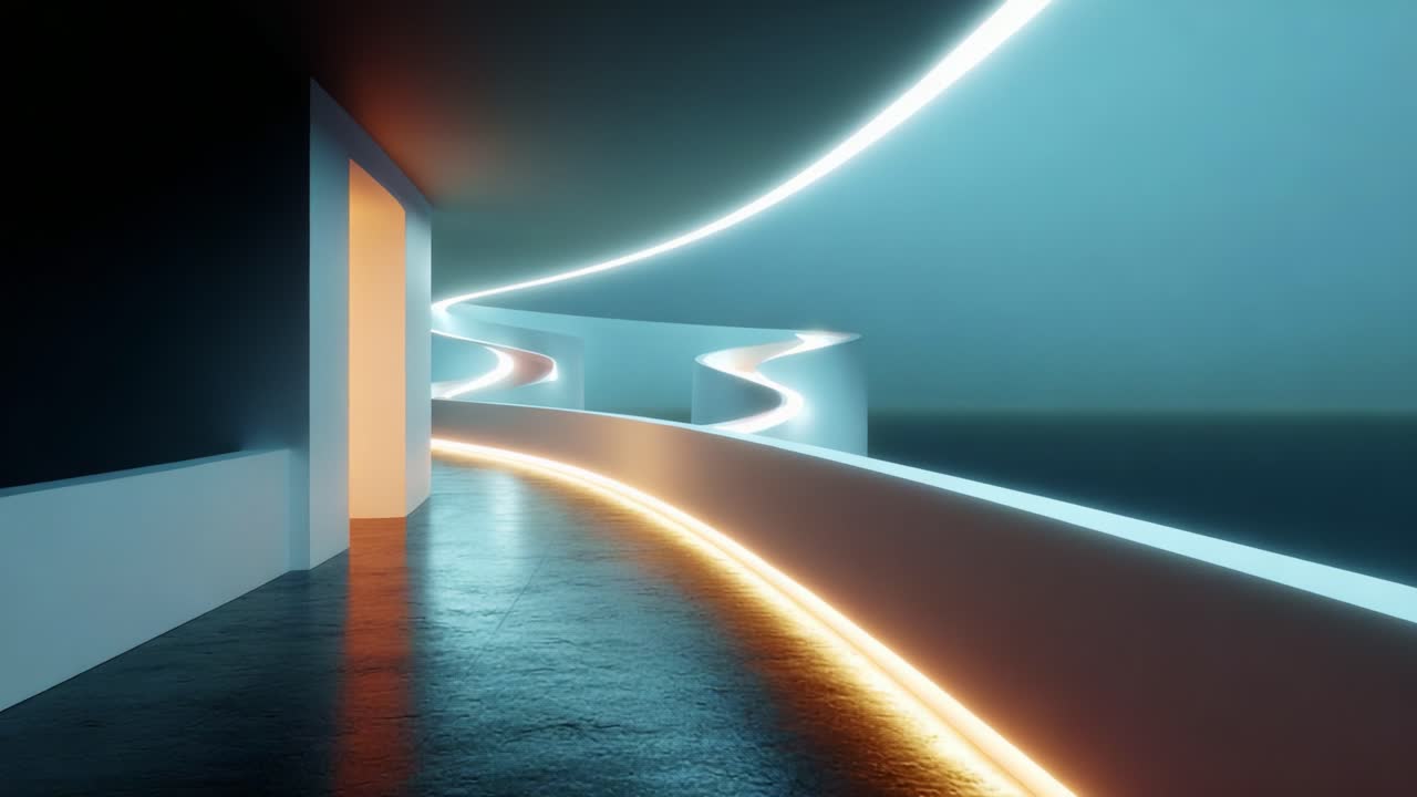 A Modern Architectural Design Showcasing a Curvaceous Hallway Illuminated by Soft LED Lighting, Featuring an Artistic Blend of Shadows and Light That Captivates the Viewer with Its Futuristic Aesthetic