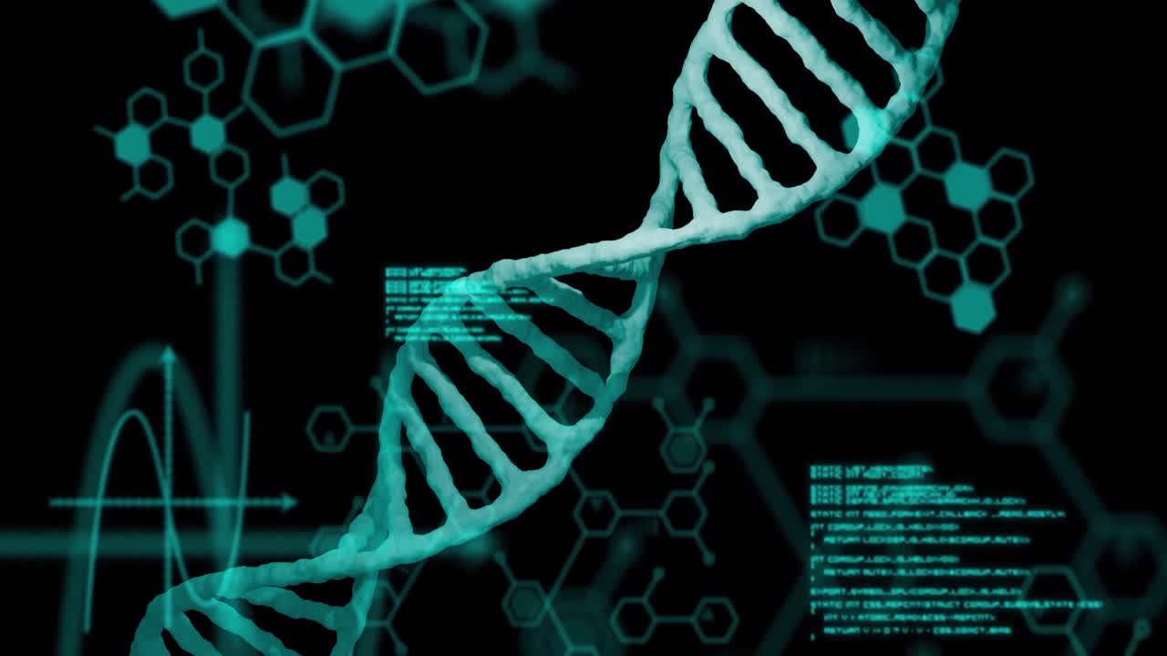 Animation of dna strand and data processing on black background
