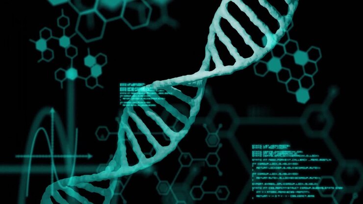 Animation of dna strand and data processing on black background