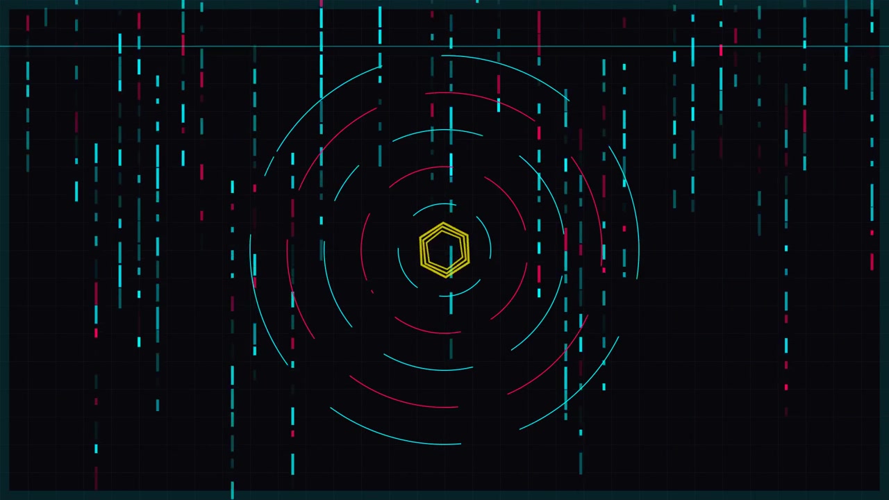 Abstract Digital Background with Rotating Geometric Shapes and Falling Data Lines