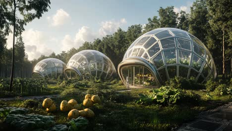 futuristic dome houses in a lush forest
