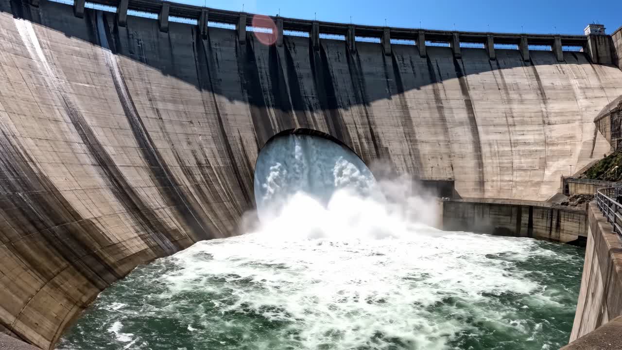 Dam with water overflowing through the spillway