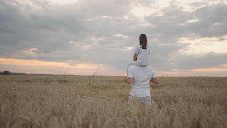 happy child and father are playing in field of ripening wheat. little daughter on fathers shoulders. baby boy and dad travel on field. kid and parent play in nature. happy family and childhood concept