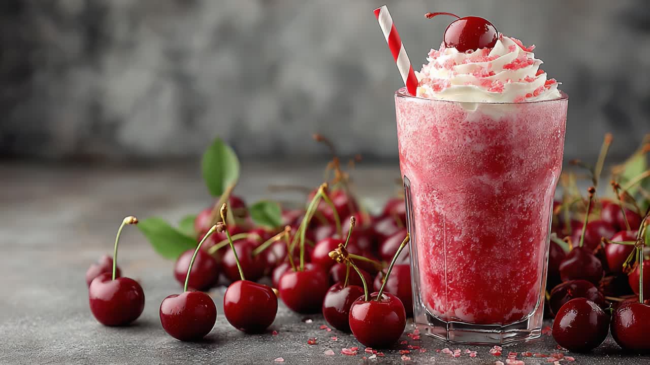 Deliziosa bevanda ghiacciata alla ciliegia con panna montata e una guarnizione di ciliegie, circondata da ciliegie fresche, perfetta per un rinfrescante spuntino estivo o un dessert.
