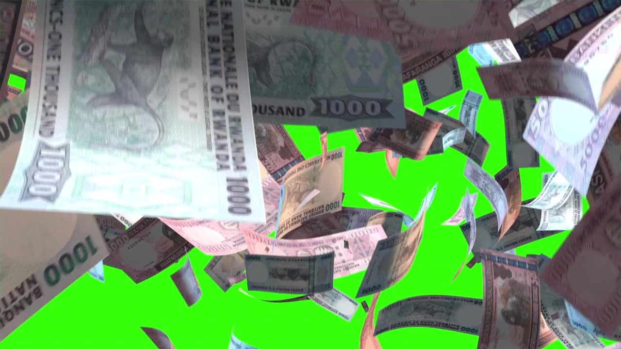 Franchi ruandesi che cadono su schermo verde - Effetto pioggia di denaro
