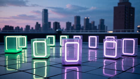 glowing green cubes on a city rooftop at dusk