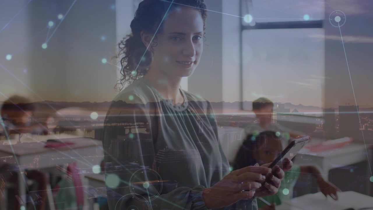 Animazione di rete di connessioni su insegnante con alunni di diverse etnie in classe