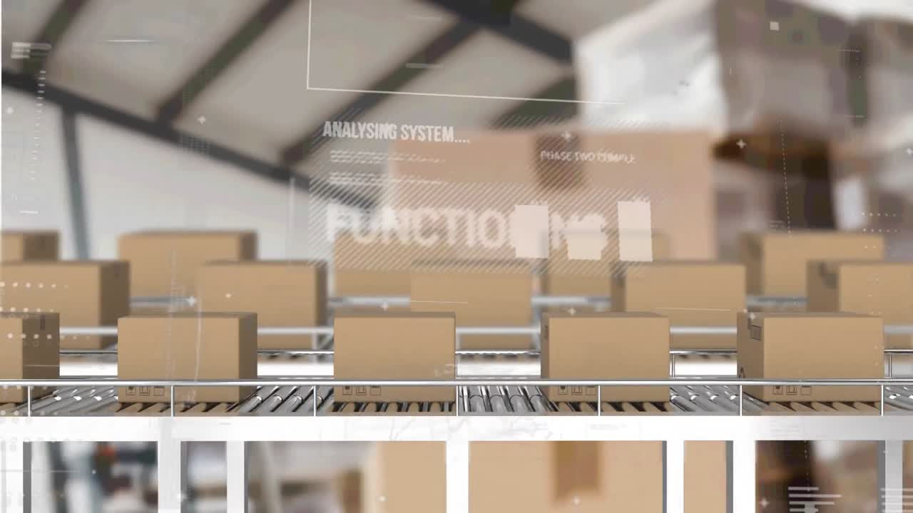 상자를 가진 컨베이어 벨트 위에서 통계 처리의 애니메이션