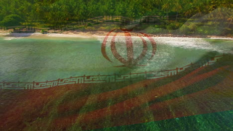 composición digital de ondear la bandera de irán contra la vista aérea de la playa y las olas del mar