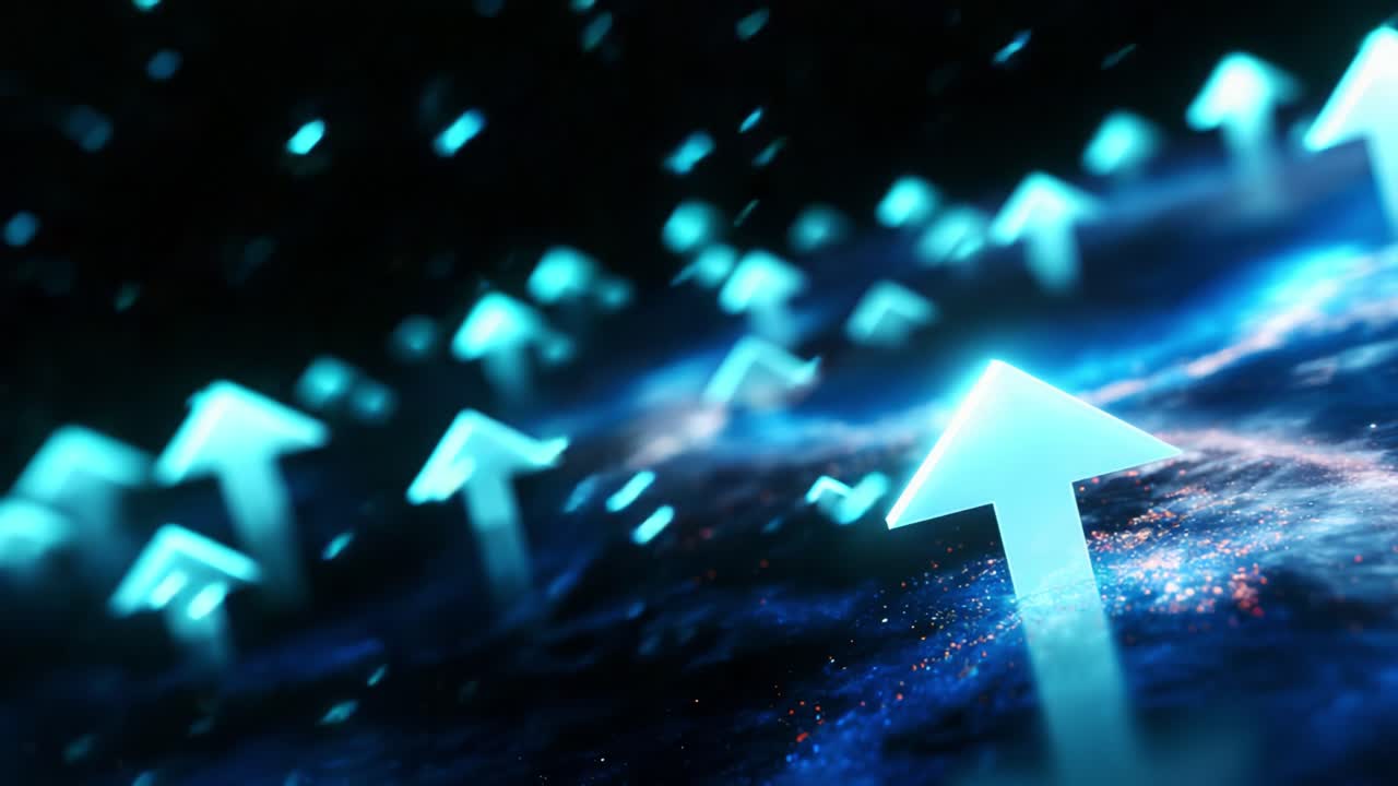 A mesmerizing array of glowing blue arrows ascends into a vast cosmic backdrop, creating a visually captivating representation of progress and direction in a digital universe filled with vibrant energy