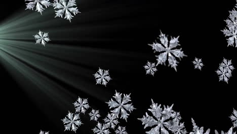 animation of snowflakes over light trails on black background