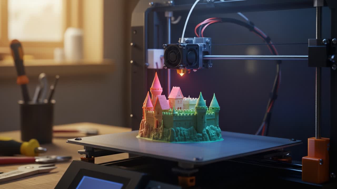 A Colorful 3D Printed Castle Being Created by an Advanced Printer in a Bright Workshop Setting, Showcasing the Magic of Modern Technology and Creativity