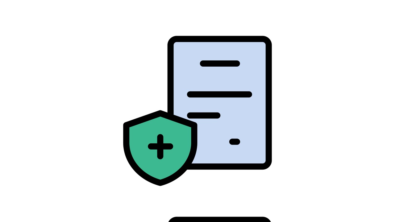 Animated Icon of Document with Shield and Plus Sign for Protection