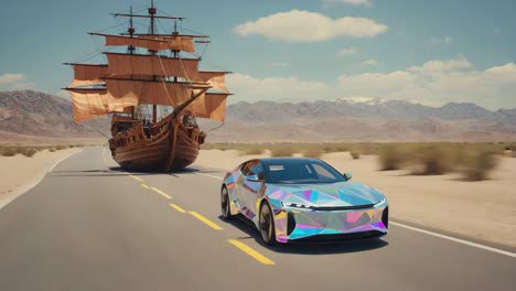 a modern car and an ancient sailing ship on a desert road