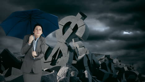 businesswoman with umbrella standing against dollar sing under stormy clouds