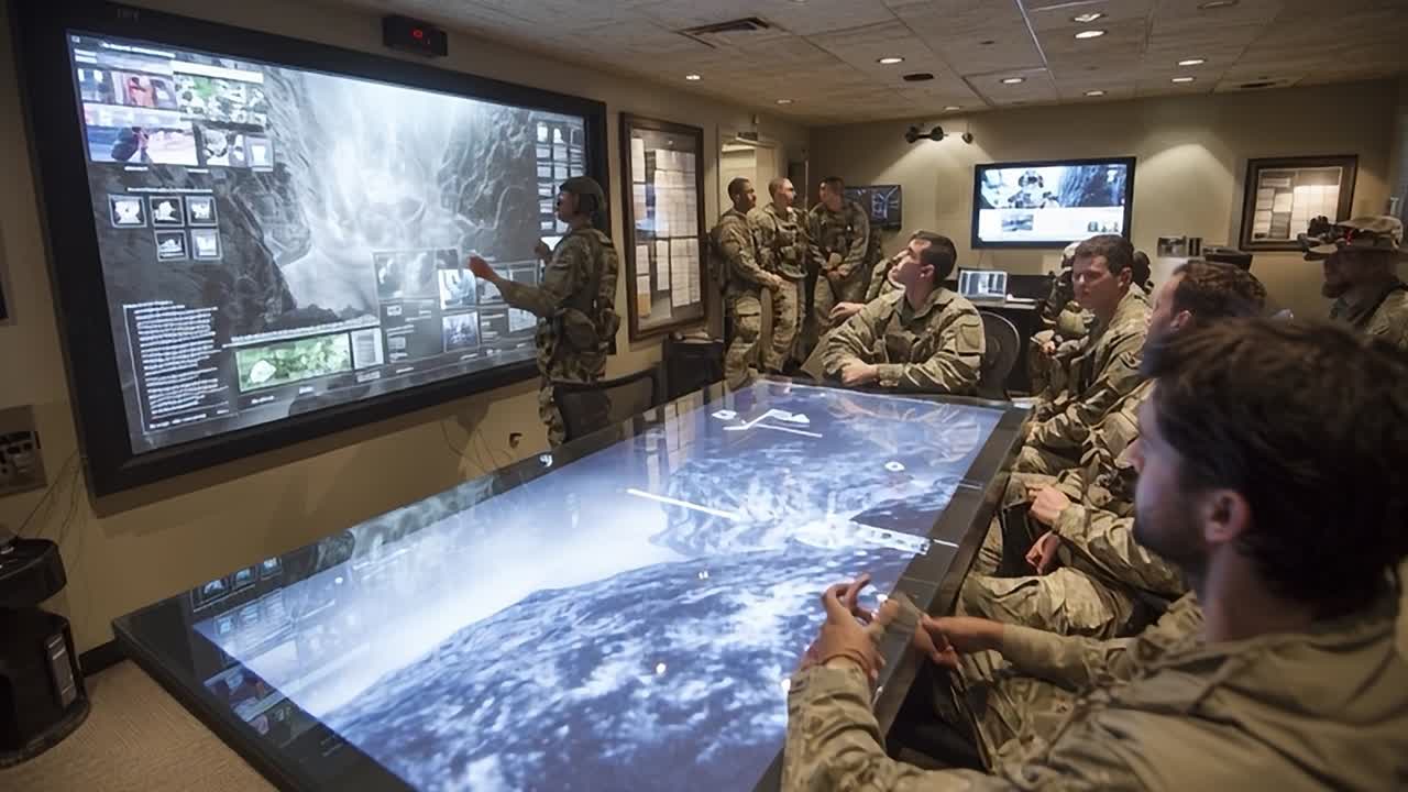 Military personnel engage in strategic planning in operations room