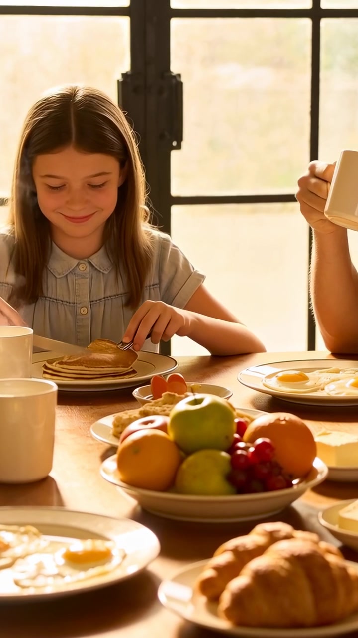 Video verticale: Bambino con maglietta blu che vede i pancake e li taglia per un pasto a casa, tazza da adulto in arrivo