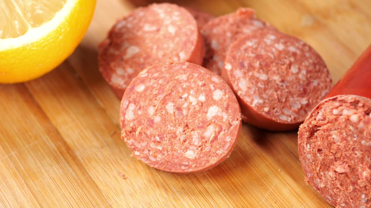Sliced Sucuk on a Wooden Cutting Board with Lemon