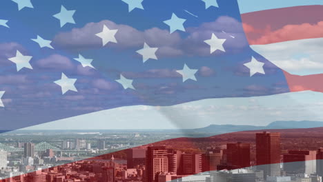 animation of american flag with city behind