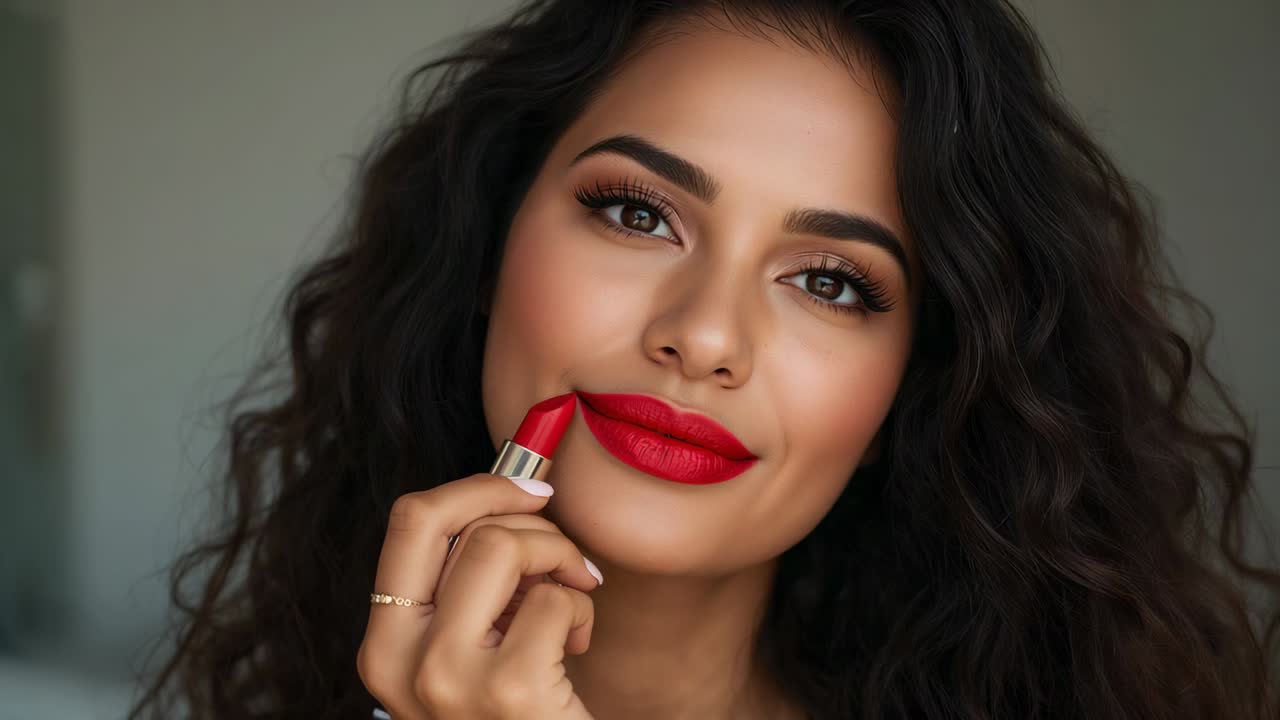 Mulher com um batom vermelho e um anel fino aplicando uma linha precisa em estúdio, mostrando a tonalidade