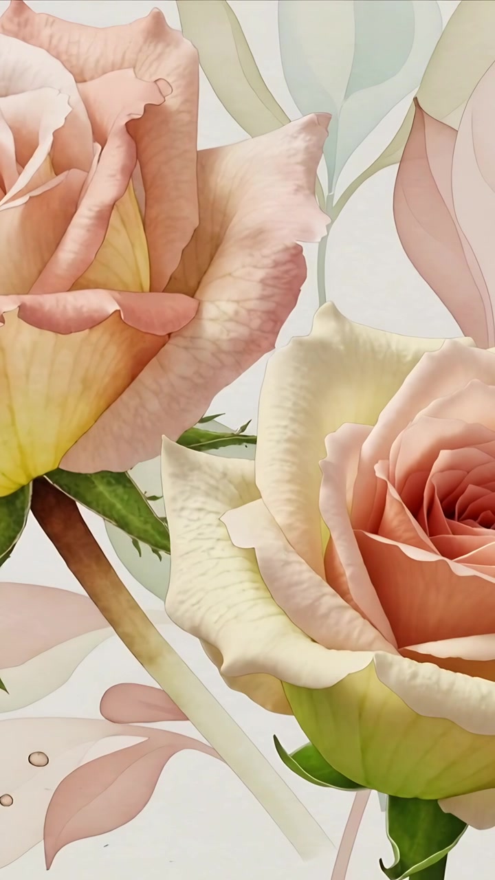 Video verticale: Panoramica della telecamera che rivela due rose color pesca su uno sfondo bianco sporco, mostrando i dettagli dei petali.