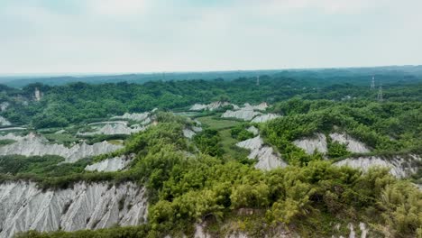 aerial panorama view of green plants growing on moonscape landscape in taiwan, tianliao moon world, 田寮月世??