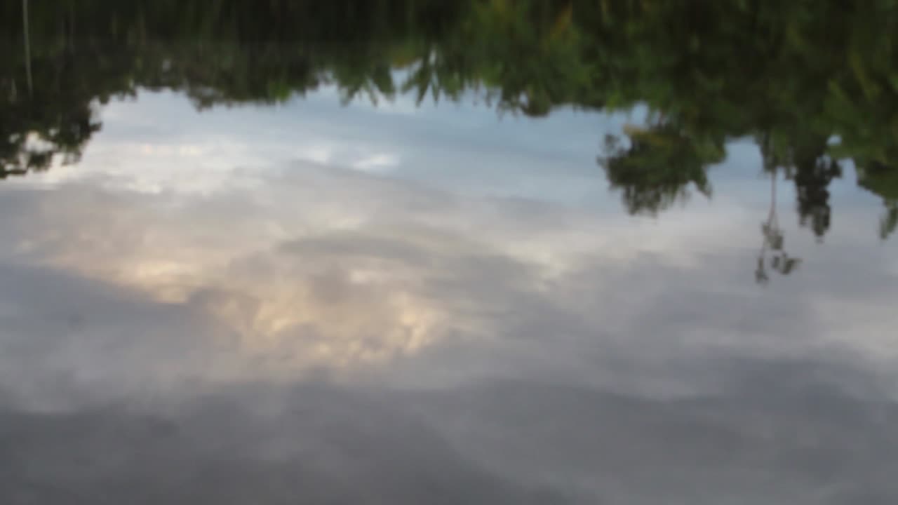 Close up of calm lake water with reflection of the sky and nature