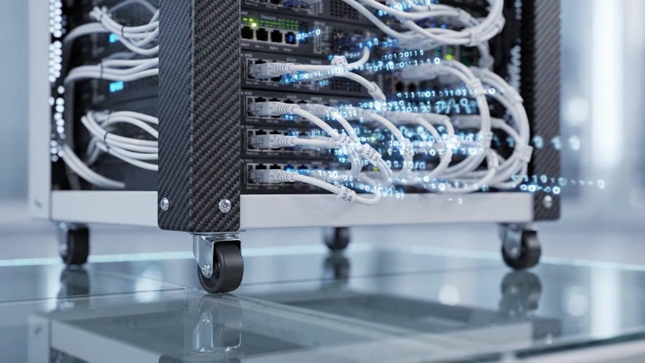 Modern Data Center Equipment: Network Switches and Cables Facilitating High-Speed Data Transmission in a Technologically Advanced Environment