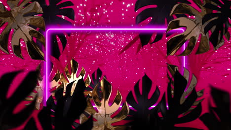 animación de hojas de plantas de monstera y rectángulo de neón rosa sobre árboles y luces rosas