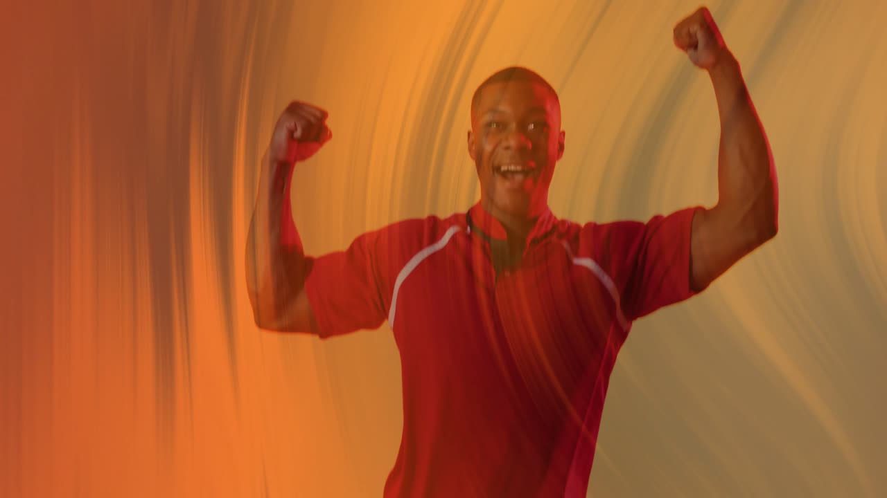 Publicité sportive montrant un joueur de rugby tendant le bras pour passer le ballon, dans une pose d'acclamation sur un fond dégradé orange.