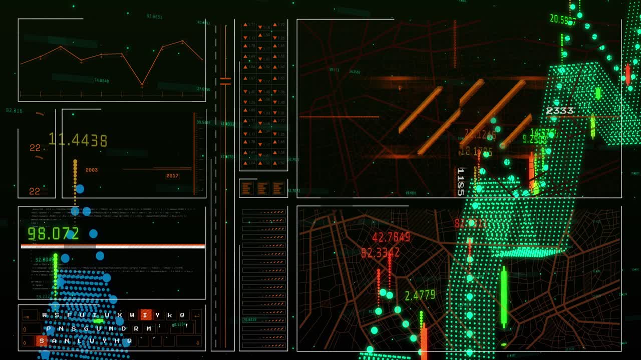 Animation of financial data processing over dark background
