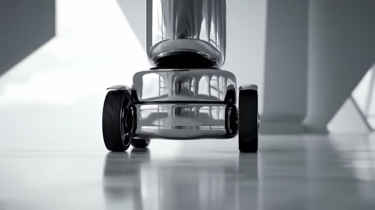 A Close-Up View of a Polished Metallic Object on Wheels, Showcasing Its Sleek Design and Movement Through a Modern, Bright Environment